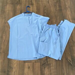 Hanes ceil Blue Button-Up Top and straight leg scrub set
